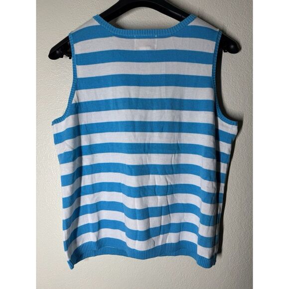 Quacker Factory Retro‎ Blue & White Stripe Cherry Sleeveless Sweater Size Large - Picture 5 of 5